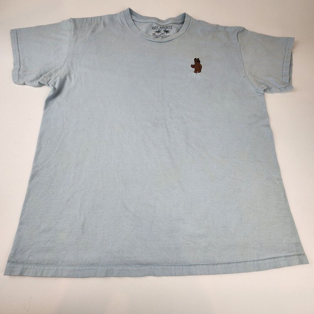 Riot Society Mens Large T Shirt Blue Embroidered Bear Sunglasses Graphic Tee